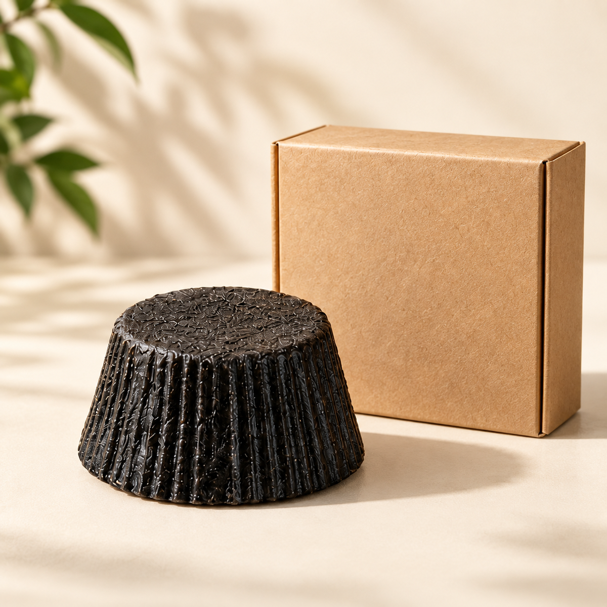 AI-generated product illustration: dark fluted shampoo bar and illustrative kraft packaging