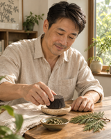 AI-created model scene: a botanical-inspired ritual; not a customer testimonial