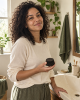 AI-created model scene: a morning hair-care ritual; not a customer testimonial