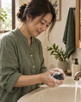AI-created model scene: lathering the bar between wet hands; not a customer testimonial