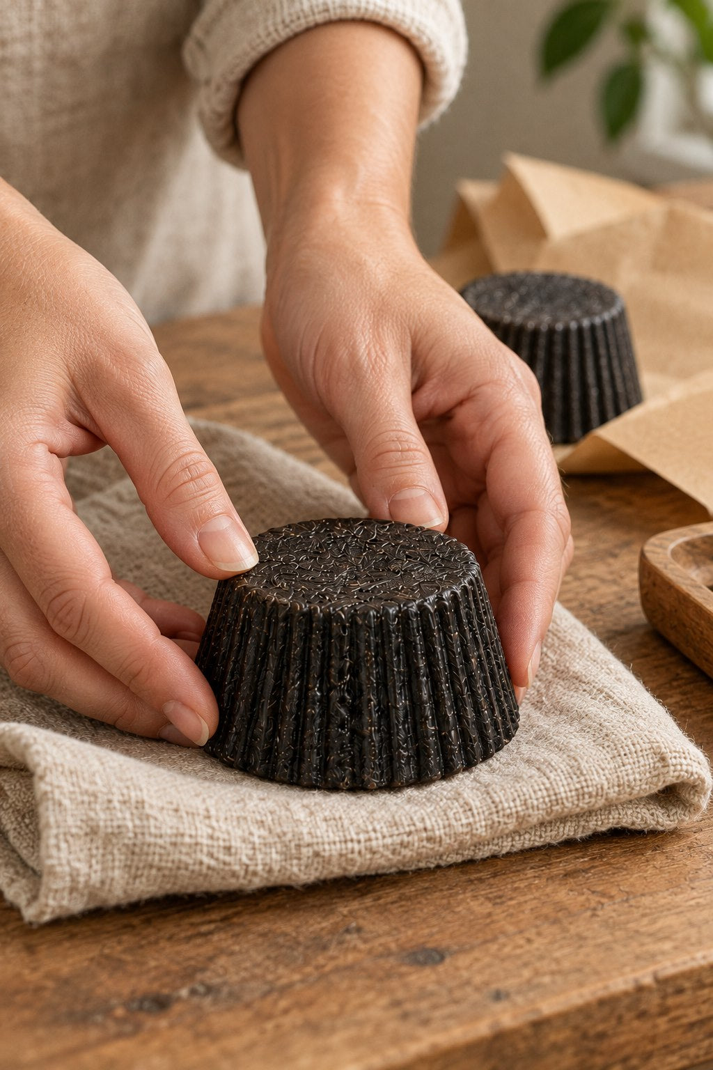 Illustrative close-up of hands arranging a fluted shampoo bar on linen